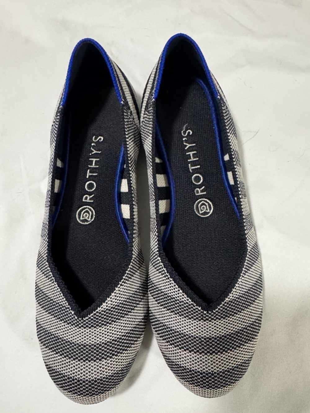 Rothy's Black and White Striped Pointed Toe Flats with Blue Trim